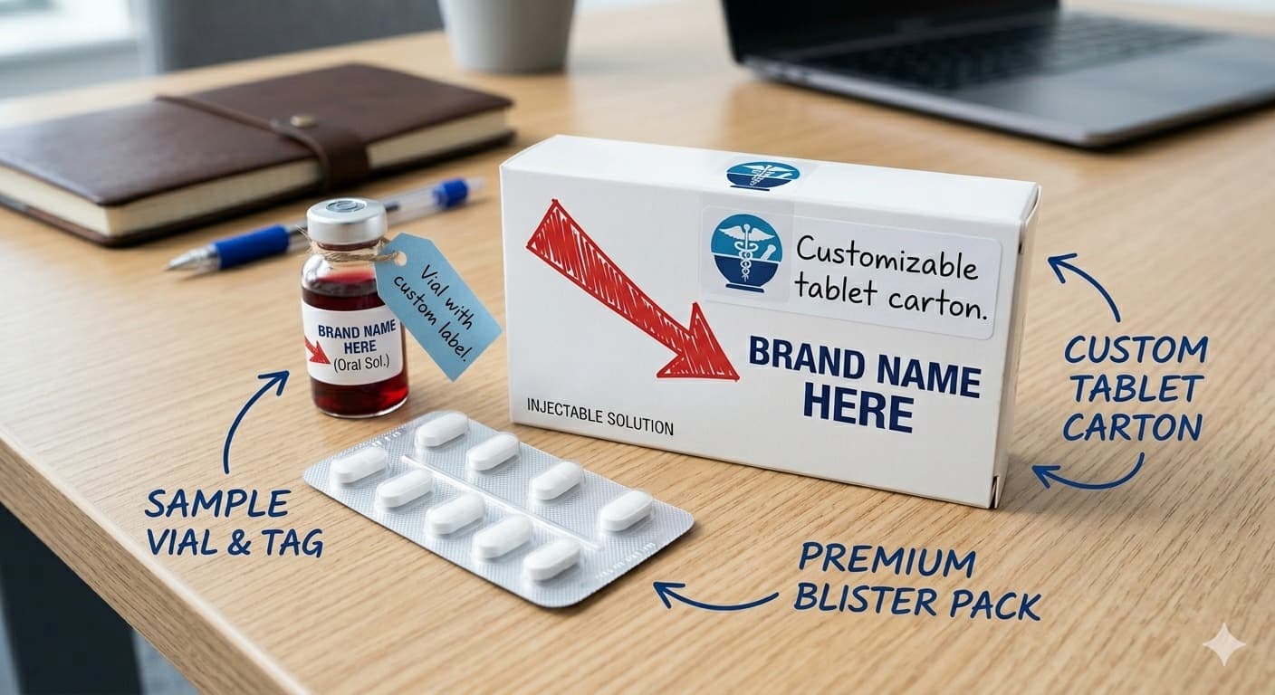 Private label packaging: custom tablet carton, blister pack and sample vial with your brand name