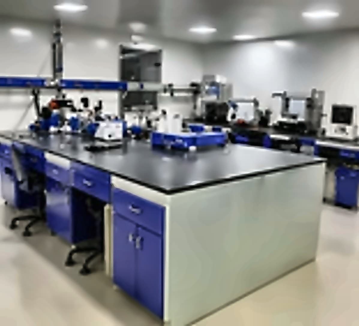 Quality control laboratory with lab benches and testing instruments