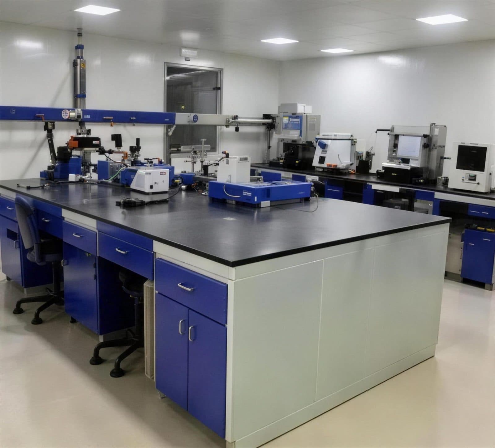 Quality control laboratory with lab benches and testing instruments