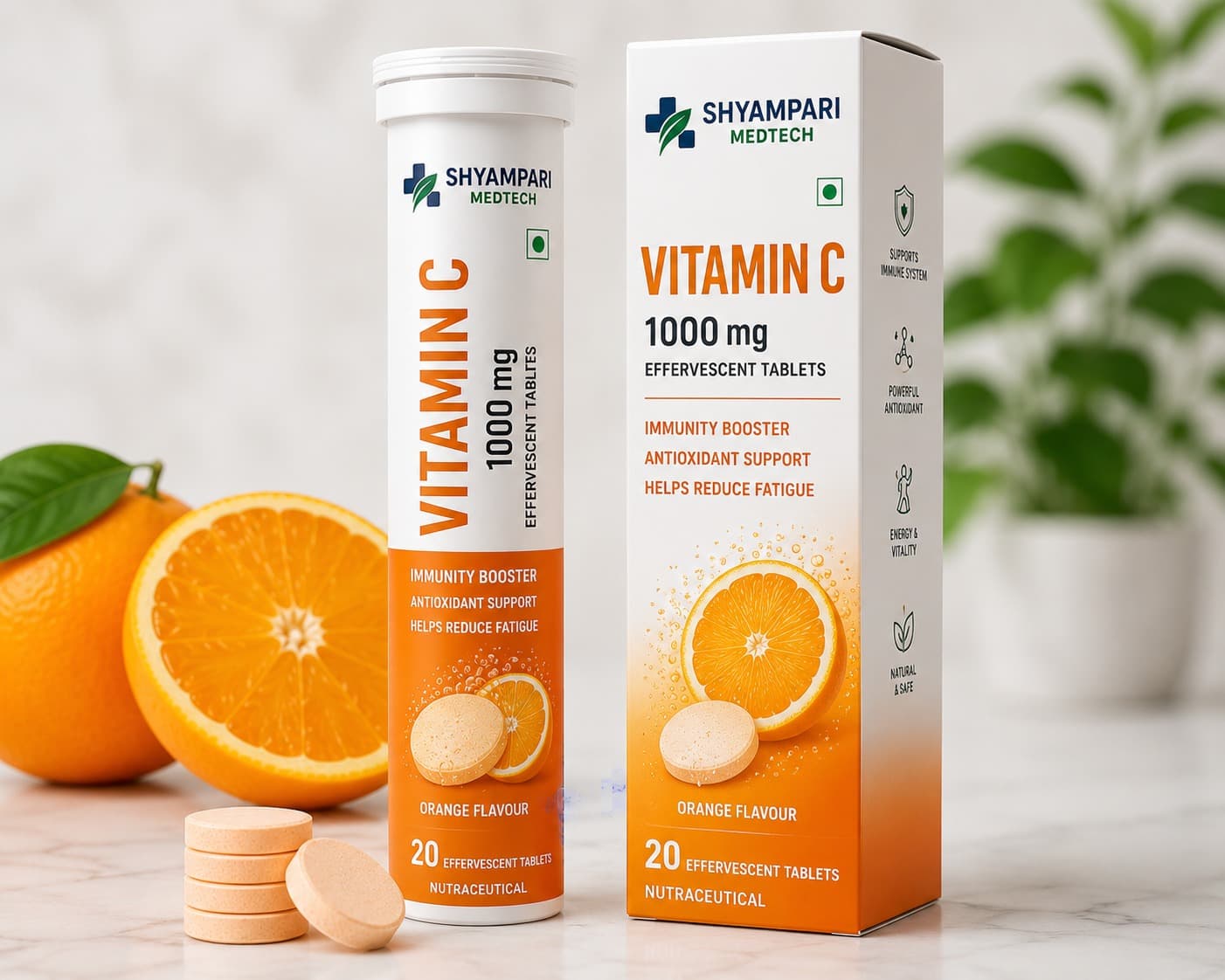 Shyampari Medtech Vitamin C 1000 mg effervescent tablets, tube and carton